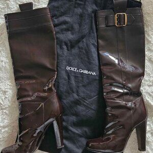 Authentic DOLCE & GABBANA Patent Leather Knee-High Boots with Metal Accents size